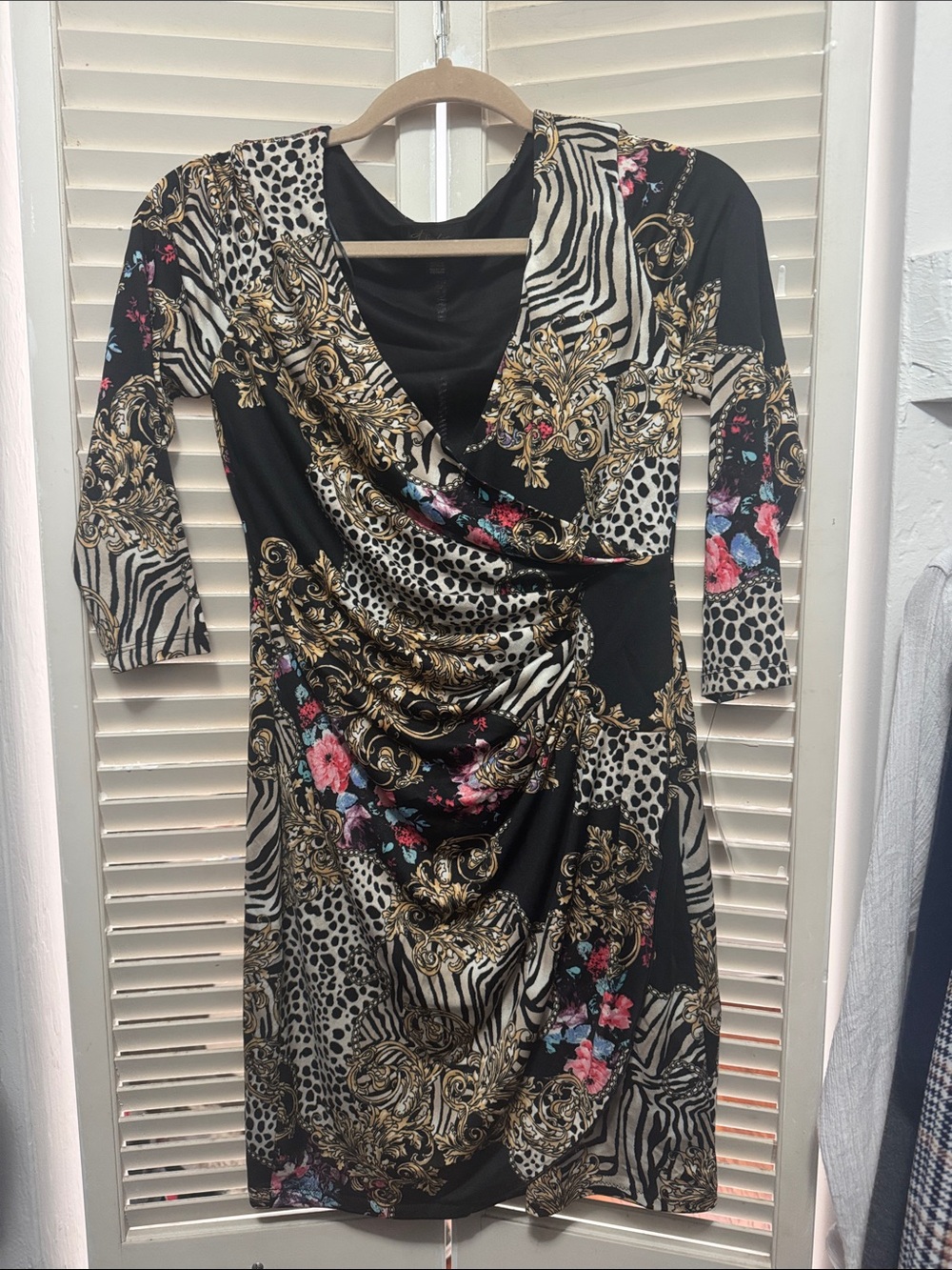 Thalia Sodi Black Gold Multi-Print Draped V-Neck Dress